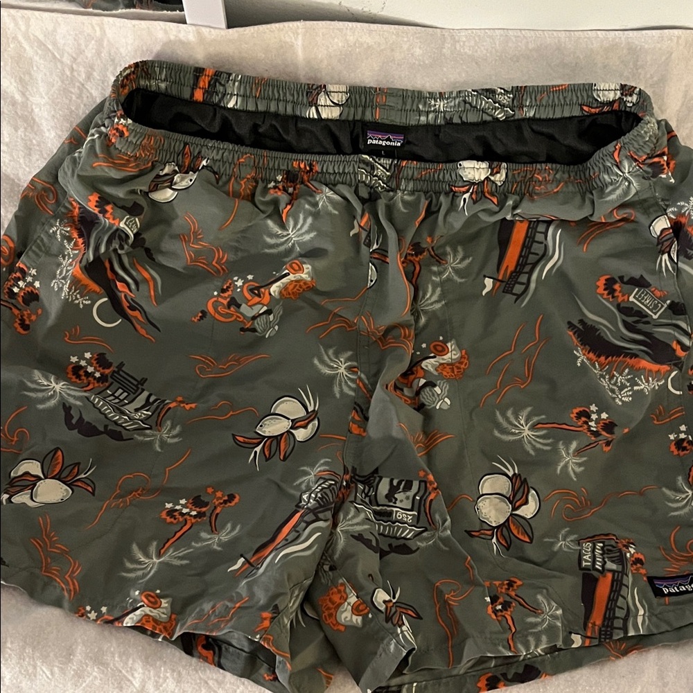 Patagonia Olive and Orange Graphic Swim Shorts